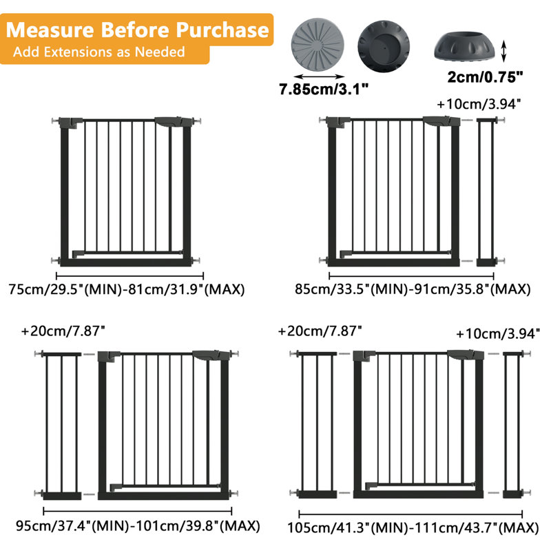 Barrière de sécurité pour bébé et chien montée sous pression de 45,3 po - Cadre large réglable, protecteur mural inclus, passage facile, sans perceuse - Barrière intérieure noire pour escaliers