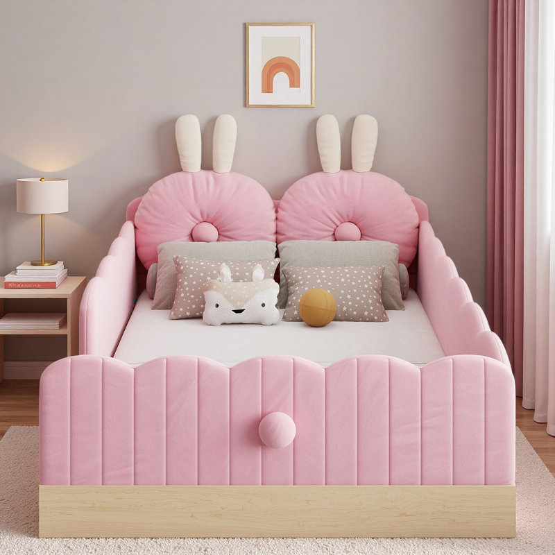 Upholstered Platform Bed With Animal-shaped Pillows And Storage Bags, Pink