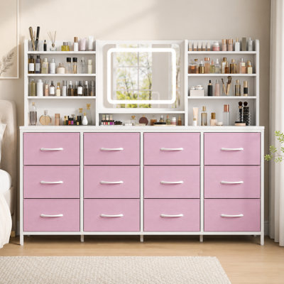 Coiffeuse 63 po avec miroir lumineux, commode en tissu 12 tiroirs avec miroir DEL à intensité variable 3 couleurs et pieds réglables