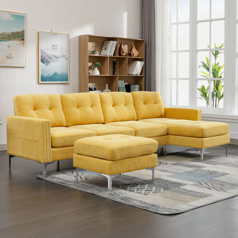 Jiuliana Upholstered Sectional Reversible, Yellow Velvet, Silver