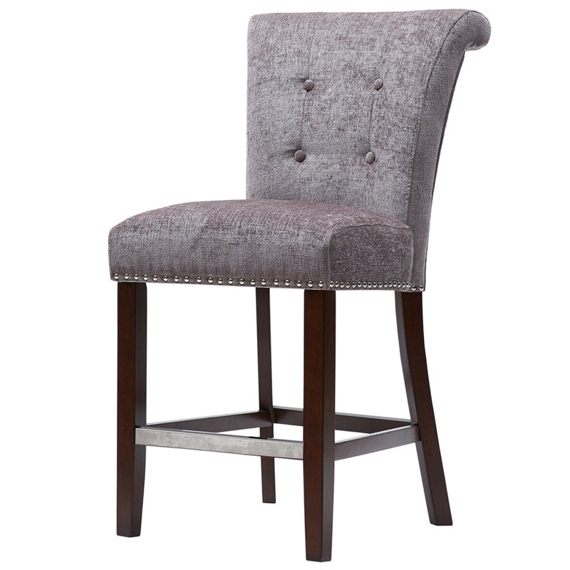 Élégant tabouret de comptoir gris avec pieds rembourrés en mousse et capitonnage à boutons, Gris, Brun