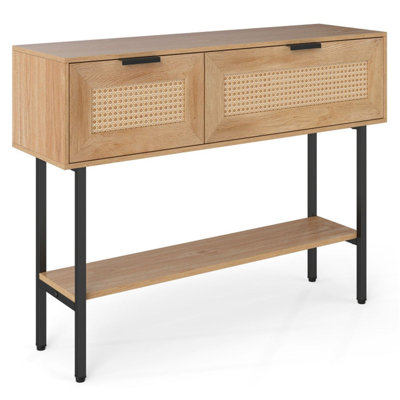 Natural Rattan Console Table Storage Cabinets Open Shelf 40 Inch Carbon Steel Frame Hallway