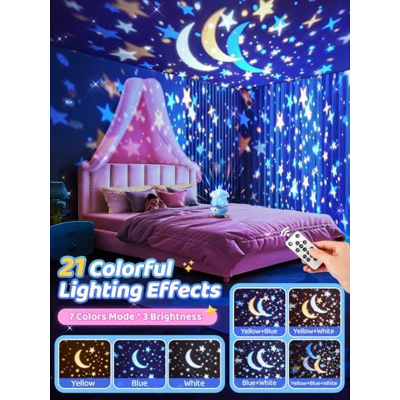 Night Light Snow for Kids, 15 White Noise+16 Films+336 Colors Star Projector for Kids, 360°+Remote+Cordless Baby Night Light Projector, Princess Toys for Girls Room Decor Light