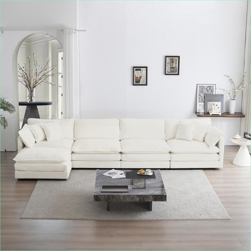 Canapés modulaires | Canapé modulaire moderne en U en bois massif à 5 places pour le salon avec repose-pieds | Blanc | Chenille