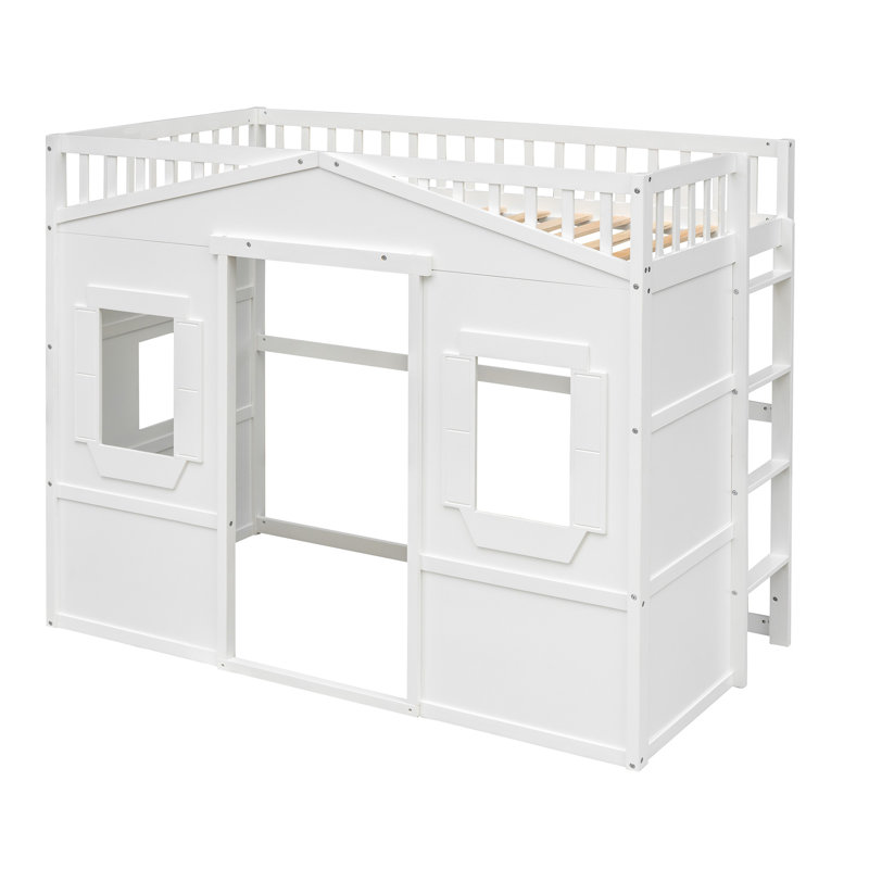 Lit mezzanine avec échelle House, structure en bois de pin massif, conception peu encombrante, structure moderne et durable