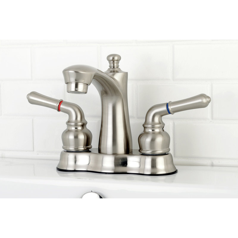 Kingston Brass Naples Two-Handle 3-Hole Deck Mount 4" Centerset Bathroom Faucet with Plastic Pop-Up, Brushed Nickel