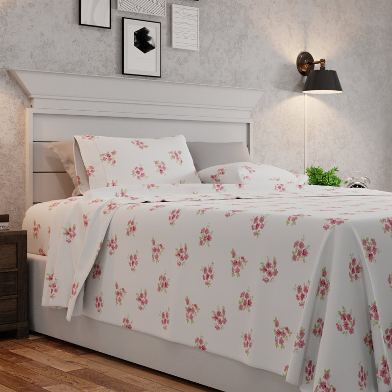 King Pink Floral Cotton Flannel Sheet Set