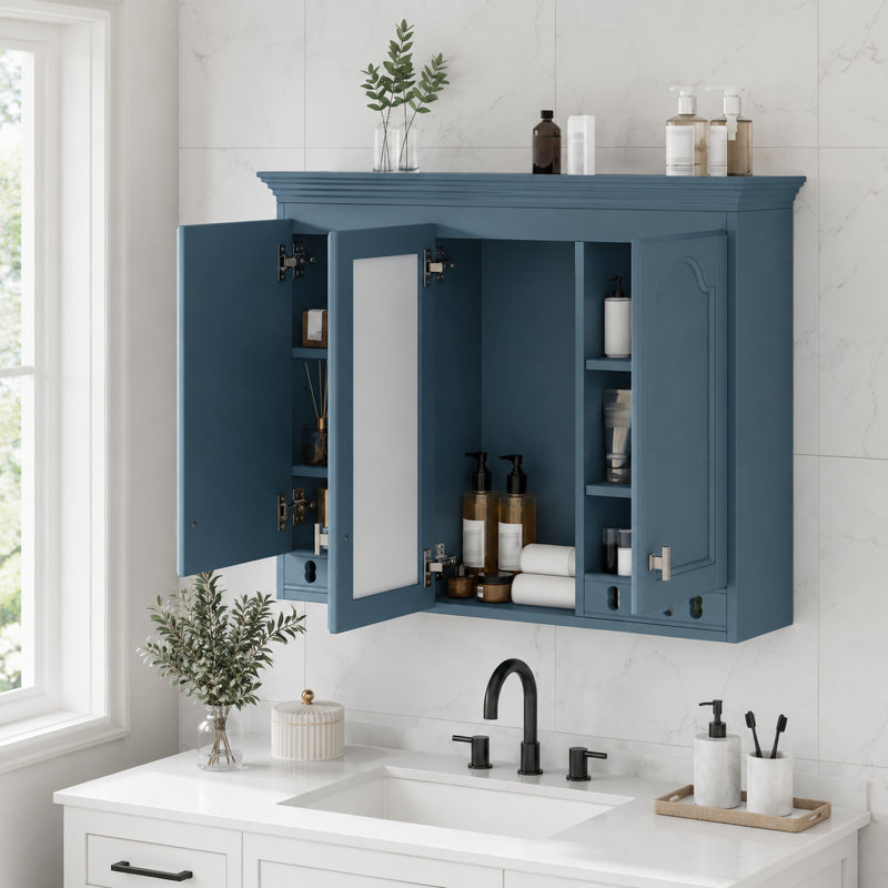 Armoire de salle de bain moderne à 3 portes avec rangement dissimulé, tablettes réglables et portes décoratives encadrées