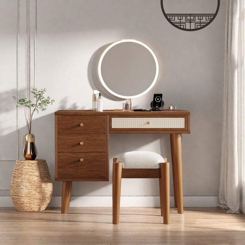 Bohemian Style Makeup Vanity Set With 4 Drawers, Charging Plug, Usb Port And Stool, Walnut