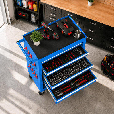 24.5 in. W x 13 in. D x 29 in. H 5-Drawer Rolling Tool Cart with Wheels and Handle, Mobile Cold-Rolled Steel Tool Chest for Garage, Workshop, Warehouse and Workbench, Blue
