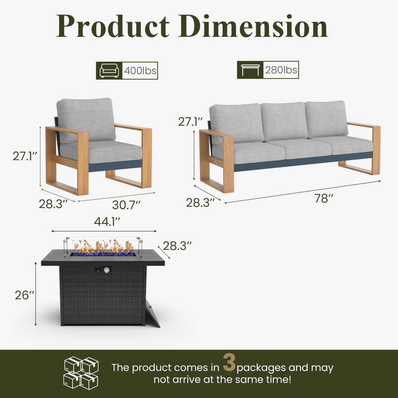  4 Pieces Aluminum Patio Furniture Set With Fire Pit Table, Oversized Seat With Hight Back Outdoor Conversation Sets