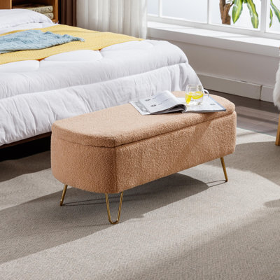 Banc de rangement pour chaise d'habillage de 39 po de largeur brun avec rembourrage en fausse fourrure et pieds dorés