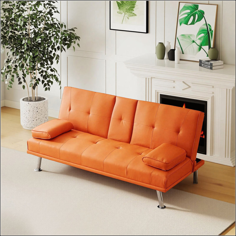 Canapé-lit pliant double en cuir orange 67 po avec dossier réglable et table basse 67 po pour espaces de vie compacts