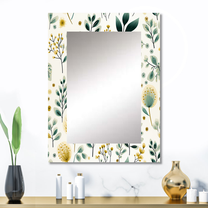 Delguidice Minimalist Green And Yellow  Floral Charm  Botanics - Floral Mirror, Floral Decorative Wall Mirror, Printed Metal Art