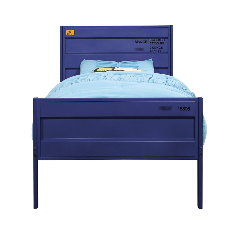 Lit simple avec finition bleu marine, cadre en métal, panneau rectangulaire avec panneaux encastrés, avec conception en bac, 21 lattes, aucun sommier nécessaire, pieds à profil bas, pieds, plaque de fer de 25 x 50 mm
