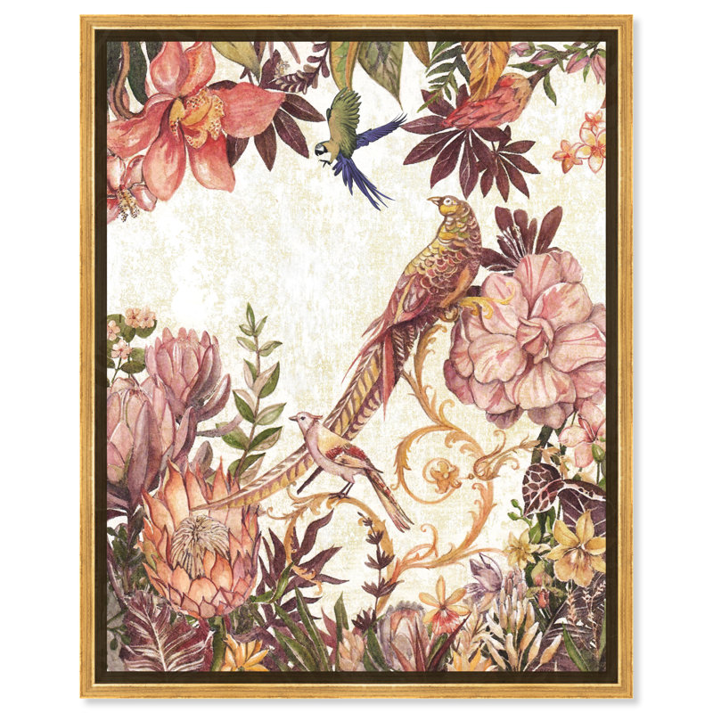 Oiseaux japonais - impression, H 20 po x l 17 po, Toile avec cadre or, Noir