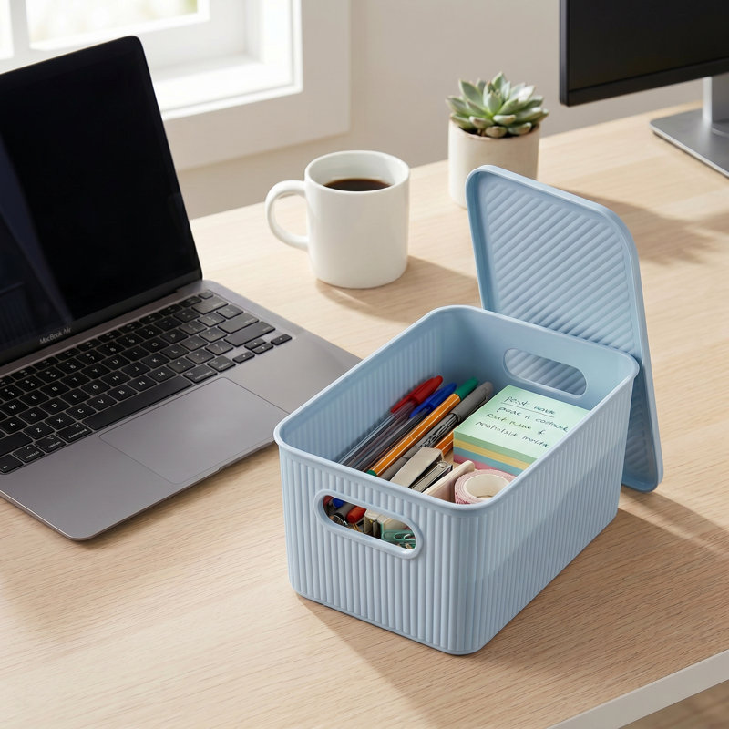 Panier en plastique nervuré, 2, Bleu pierre, H 5 po x l 7 po x P 10,5 po
