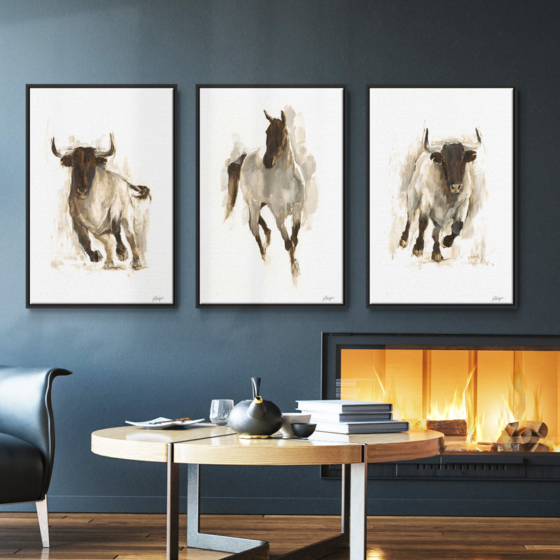 Rustic Bull II, ensemble de 3 toiles encadrées sur toile, Noir, H 40 po x l 78 po