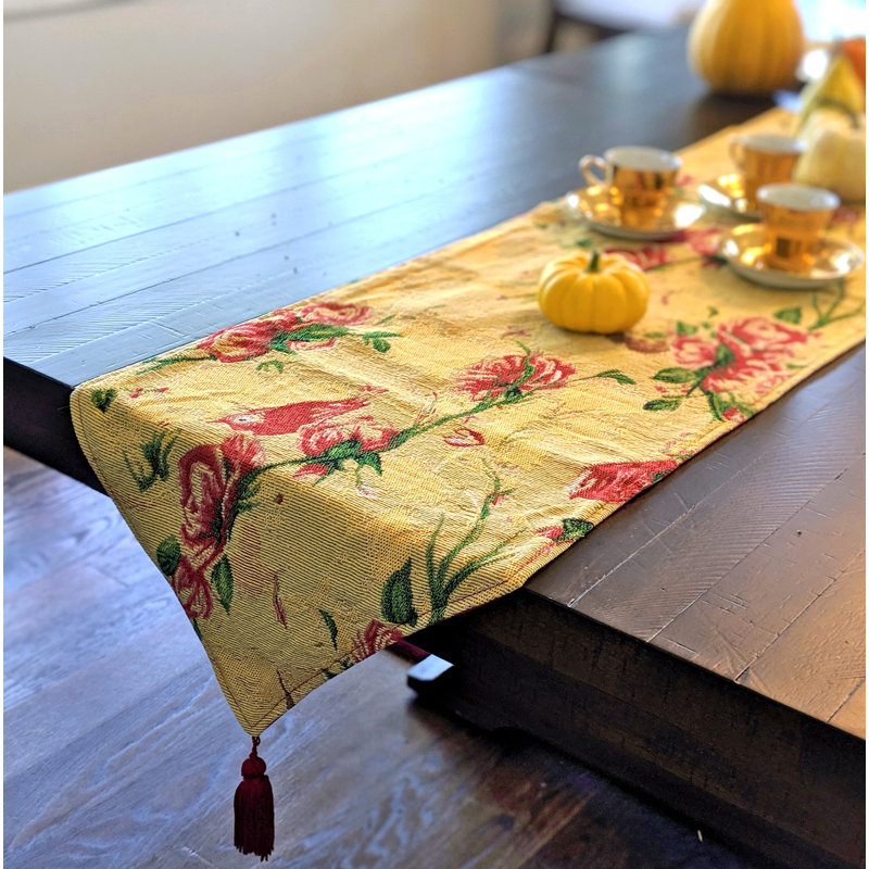 Red Roses And Birds Golden Floral Table Runner, 90" L x 13" W
