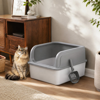 Bac à litière pour chat en acier inoxydable à face haute avec entrée supérieure et pelle grise XXL