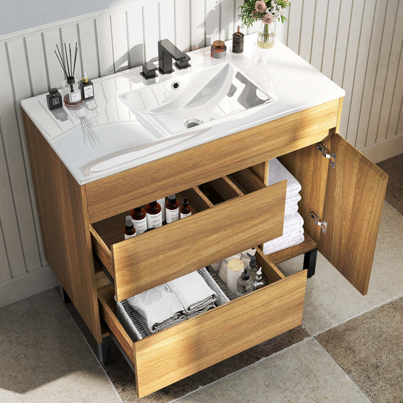 Basant 36" Freestanding Bathroom Vanity with Ceramic Top, Naturel/noir