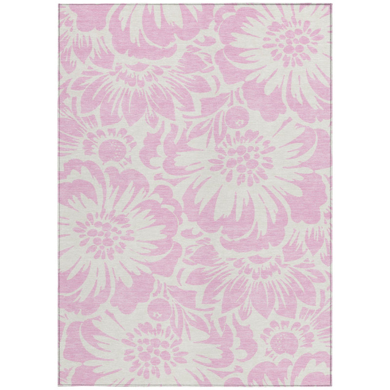 3' X 5' Pink and Ivory Floral Washable Non Skid Indoor Outdoor Area Rug