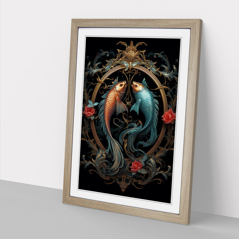 Pisces Fish Zodiac Victorian - Single Picture Frame Print on Wood, Oak Framed, 34cm H x 25cm W