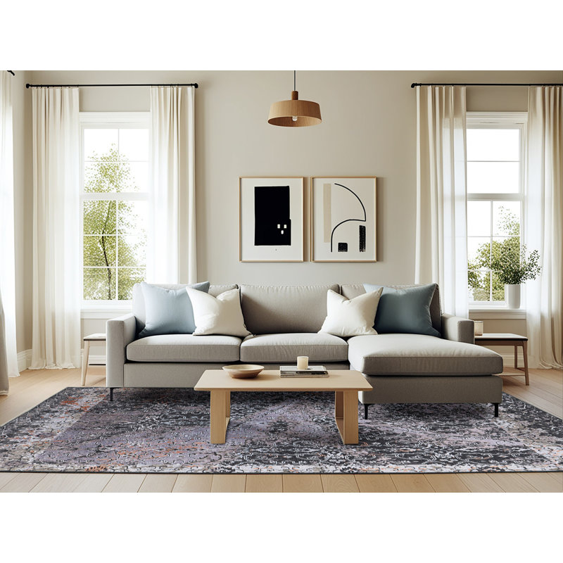 Tapis gris / noir Ikat, Rectangle 6 pi x 9 pi