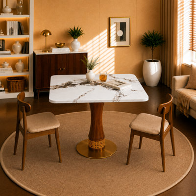 Table de salle à manger 33,5 po carrée en bois d'hévéa fritté en bois d'hévéa, piédestal en bois d'hévéa avec décorations en osier tressé à la main et base en acier inoxydable pour la cuisine, les appartements et les bistro