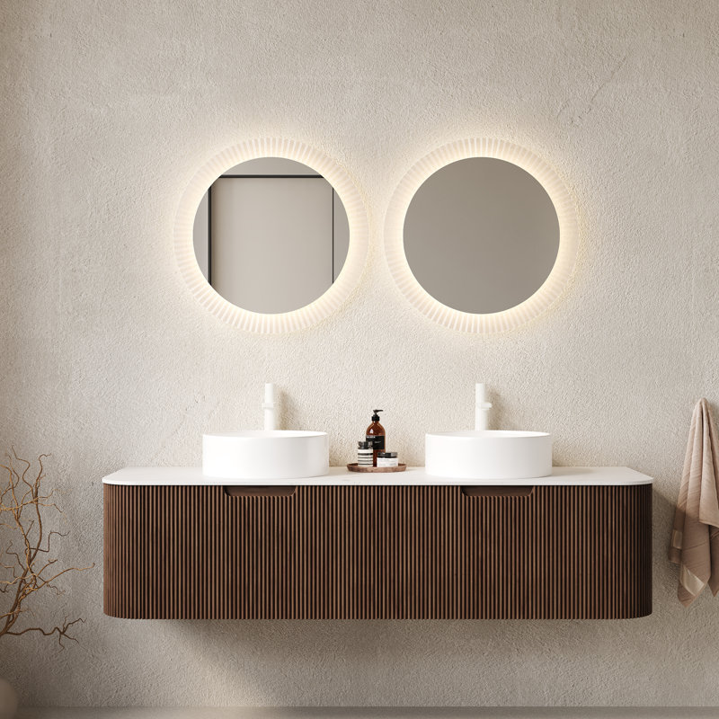 Meuble-lavabo mural 60 po avec lavabos et rangement en céramique, Noyer