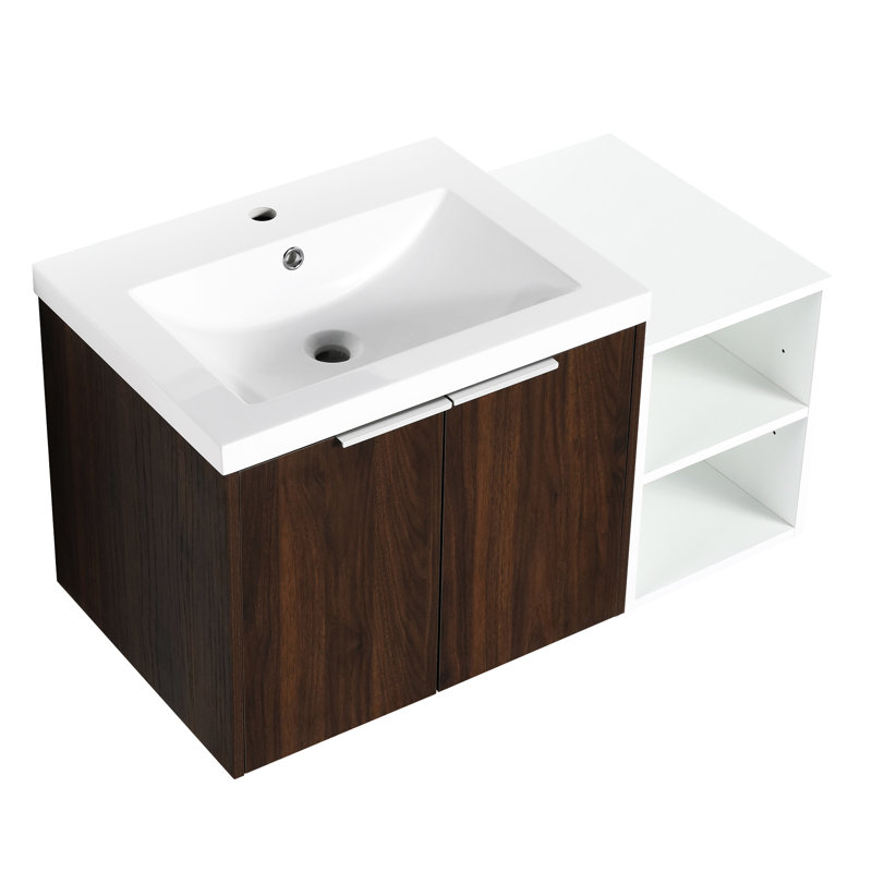 36 Inch Bathroom Wall Mounted Vanity, Soft Close Door, Walnut Finish Vanity With Resin Sink And Drawer,, Walnut