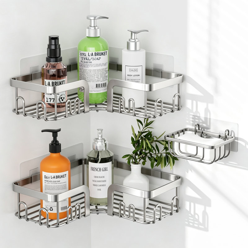 Serviteur de douche de coin adhésif en acier inoxydable, organisateur de douche antirouille avec porte-savon, argent, Argent