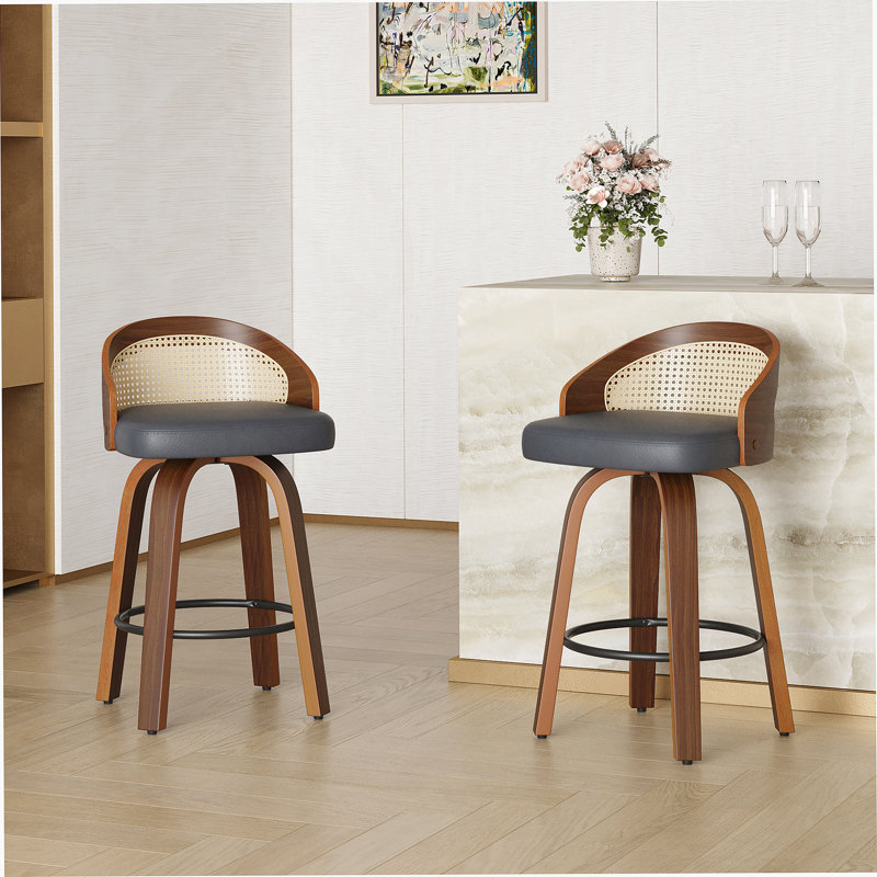 Ensemble de 2 tabourets pivotants, structure en bois moderne avec dossier en rotin, cuir PU pour comptoir de cuisine, tabourets de bar rembourrés avec repose-pieds Mid-Century