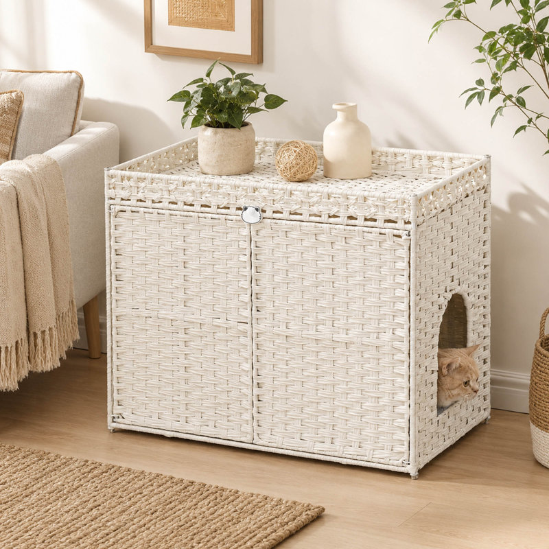 Enceinte de litière 30 po en rotin blanc, tapis et crochets, Blanc