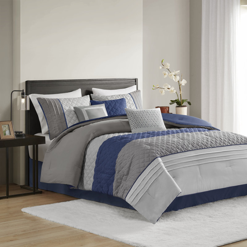 Jenson Blue Color Block Stripe 7-Piece Cal King Comforter Set with Throw Pillows, Blue