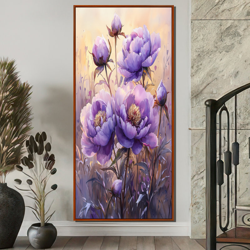 Été, crépuscule lavande pivoines - pivoines, art mural, H 60 po x l 28 po, Brun, Reproduction avec cadre flottant