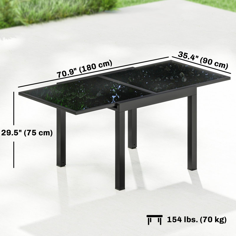 Table de salle à manger extensible pour l'extérieur avec plateau en verre trempé noir