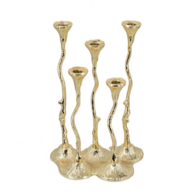 9.8X6.7X14.2" 5-Light Cast Aluminum Taper Candle Holder With Gold Botanical Design