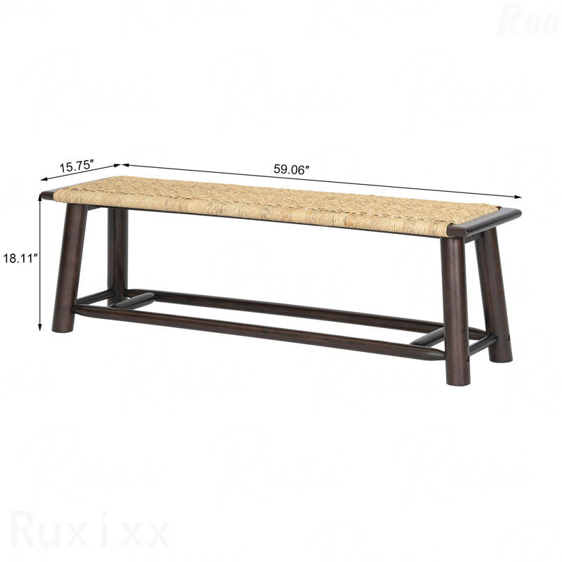 59 Inch Farmhouse Modern Bench - Solid Wood & Rattan Material, For Indoor & Covered Outdoor Use, Brown