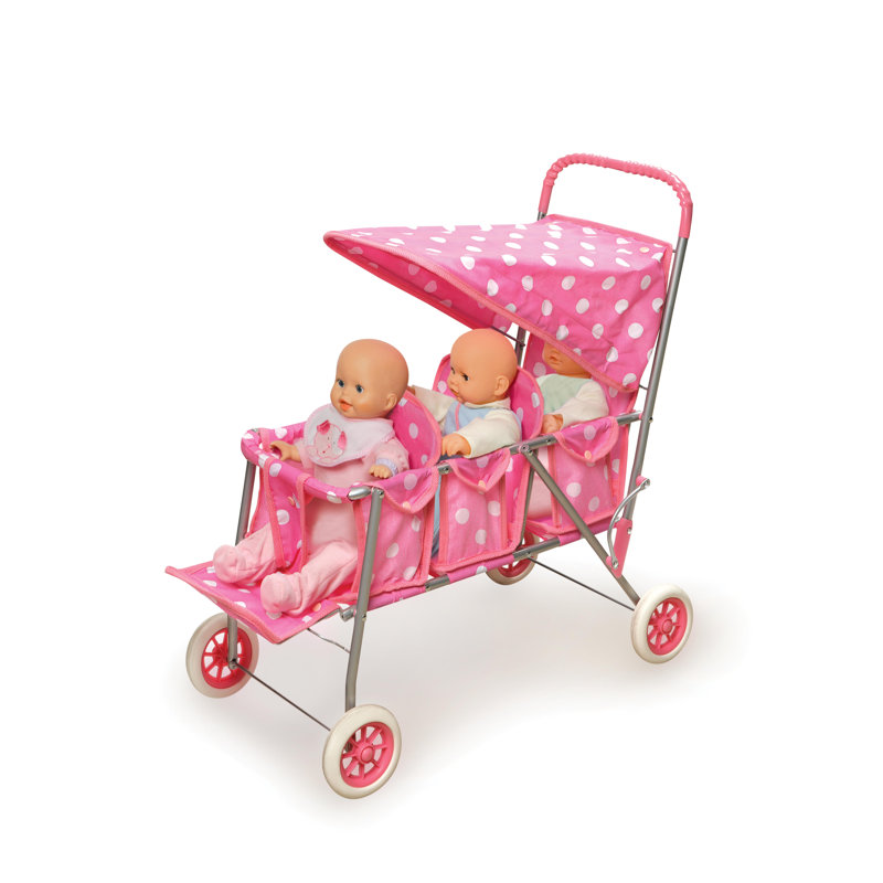 Triple Doll Stroller in Pink with White Polka Dots