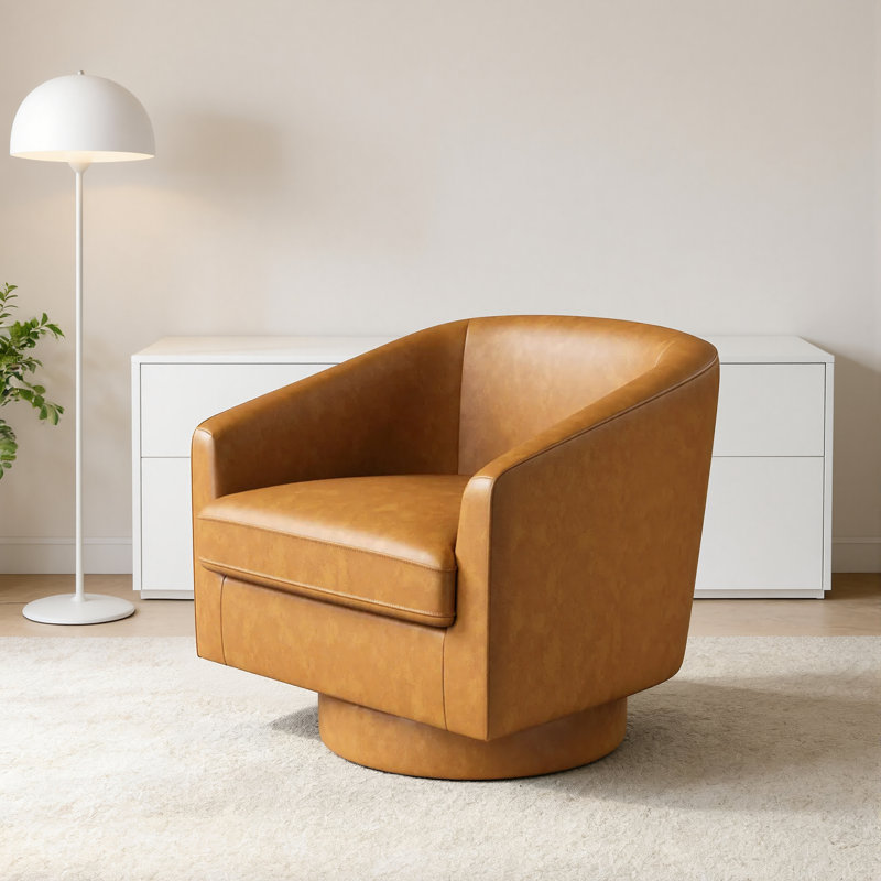 Swivel Accent Chair, Fabric Barrel Chair for Living Room,Upholstered Modern Barrel-Curved Arm, Linen, Brown