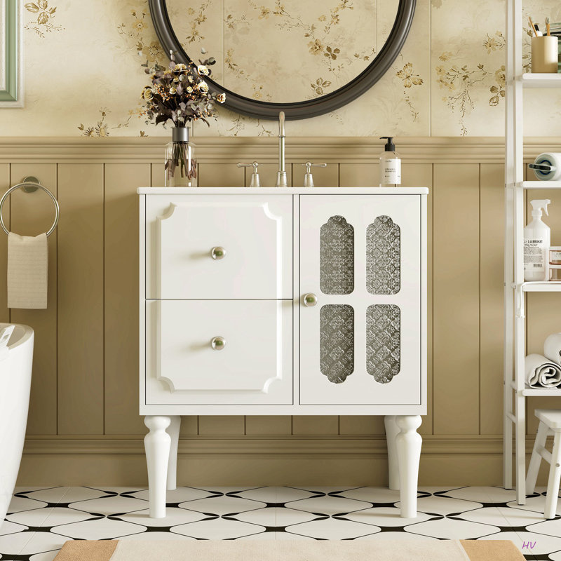 Meuble-lavabo de salle de bain de style rétro avec lavabo en céramique 30 po, meuble-lavabo simple autoportant avec 2 tiroirs, armoire de rangement en bois massif