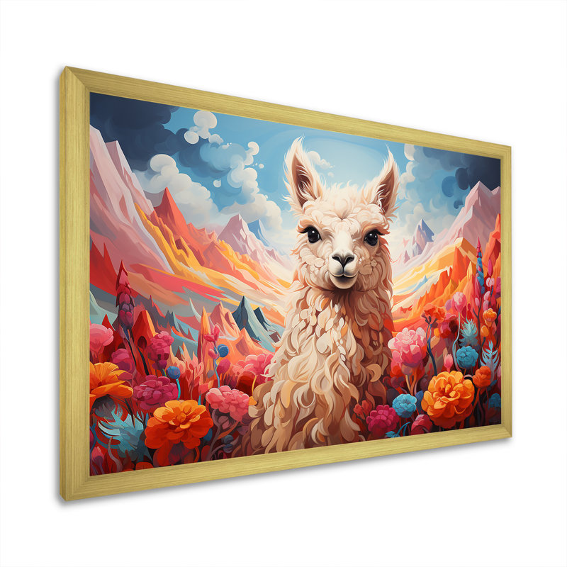 Enchanting Alpaca Valley - Alpaca, art mural, H 16 po x l 32 po x P 1 po, Cadre doré à coins fermés