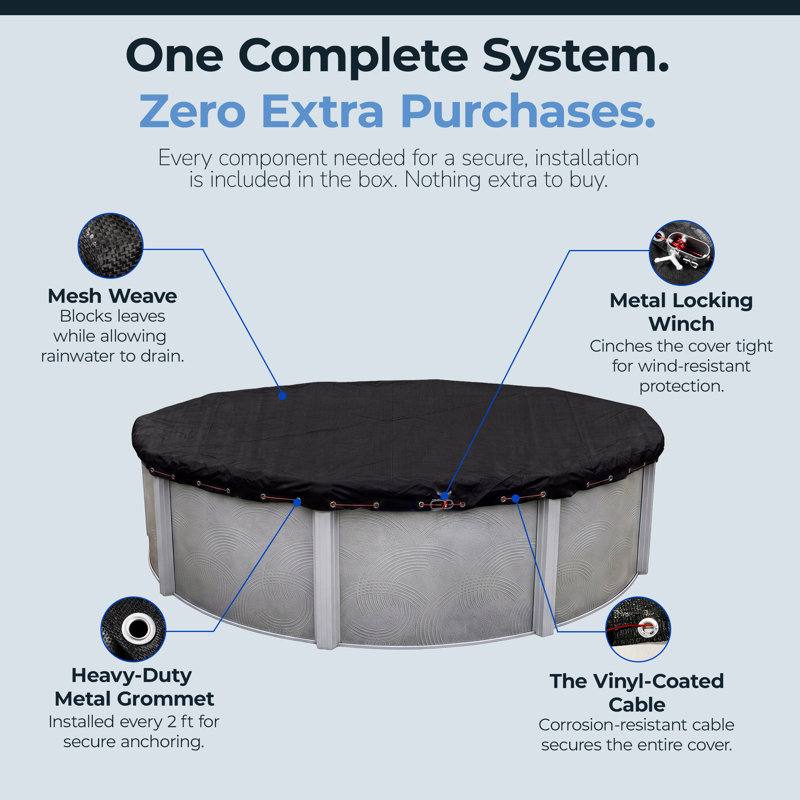 Blue Wave Arctic Armor 30-ft Round Rugged Mesh Pool Cover for Winter, Above Ground, Fine Mesh Debris Barrier, 4-ft Overlap, Metal Grommets, Vinyl-Coated Cable, Metal Winch, Black