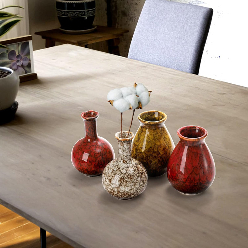 Ensemble de 4 vases à fleurs en céramique décor maison de campagne, Boho Decor, petits vases de fleurs glacés réactifs de couleur rouge et jaune, centre de table, décorations de table, vase en céramique décoratif pour la maison, le salon