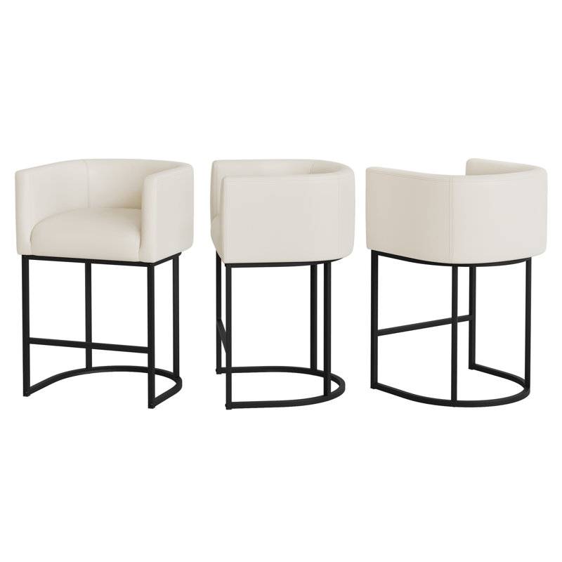 Upholstered Counter Stool, Antique White Faux Leather/ Black Frame