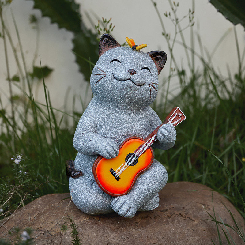 Statue de chat d'extérieur 8,8 pouces avec guitare