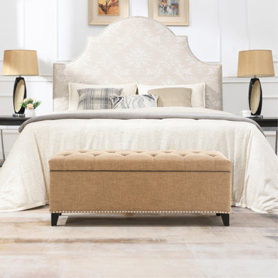 Repose-pieds de rangement de 47,5 po, banc de rangement avec charnière de sécurité, capitonné en lin pour le salon, le vestibule, le couloir, le repose-pieds, support 500 lb