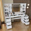 Bureau de maquillage avec miroir et lumières, grande table de coiffeuse de 59 po avec 8 tiroirs et tablettes de rangement ouvertes, luminosité réglable, coiffeuse pour chambre à coucher, femme et fille