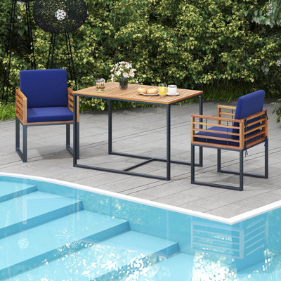 3 Pcs Patio Dining Table Set With Bistro Chairs Large W/ Seat Cushions by Gracie Oaks